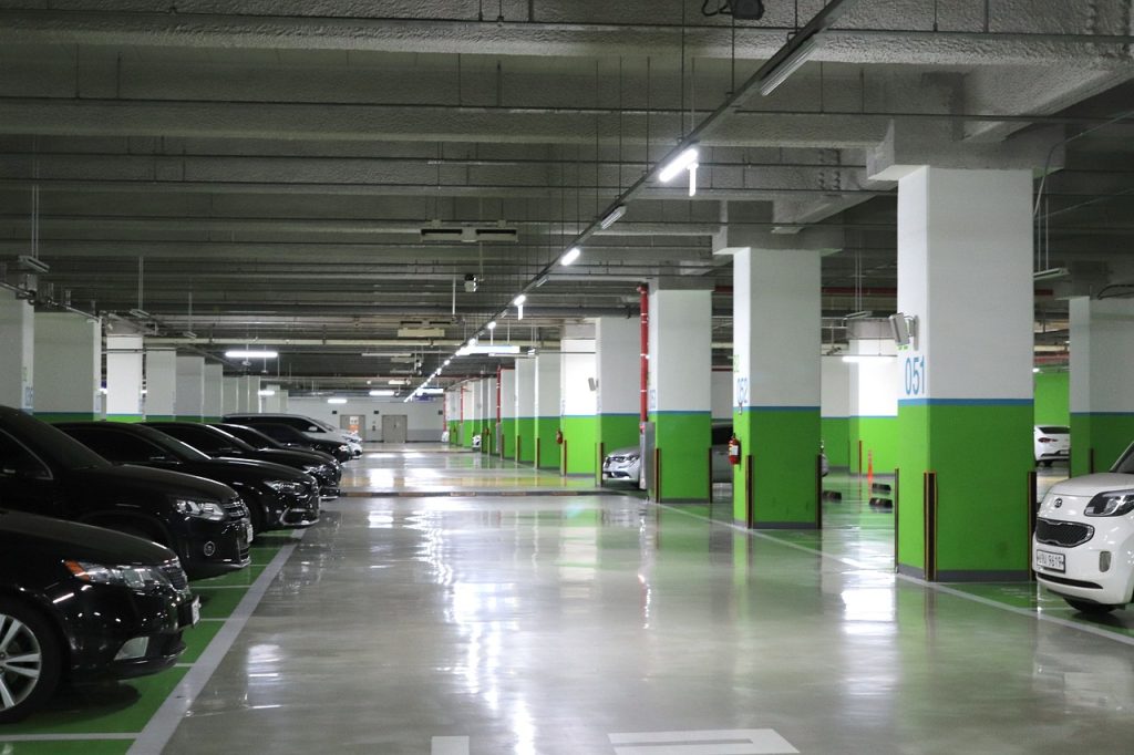 parking lot, underground parking, car